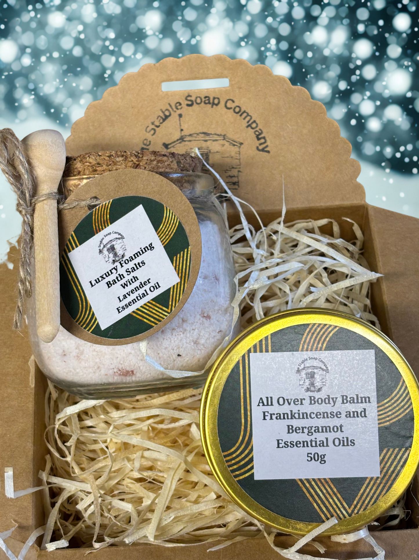 Handmade Lavender Bath Salts and Frankincense and Bergamot Body Balm Christmas Gift Box