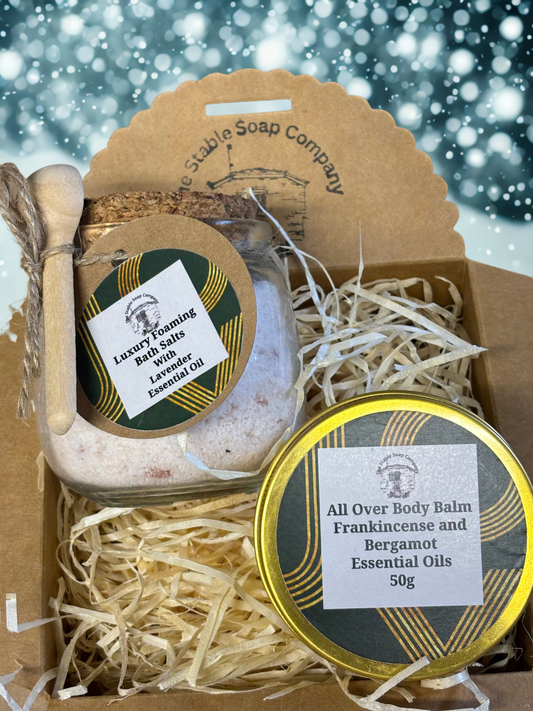 Handmade Lavender Bath Salts and Frankincense and Bergamot Body Balm Christmas Gift Box