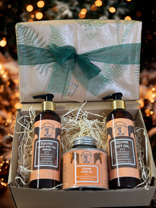 Handmade Citronella, Peppermint, Lavender and Lemongrass Equine mane & Tail serum, Equine Hot Oil and Equine Hoof Oil Christmas Gift Box