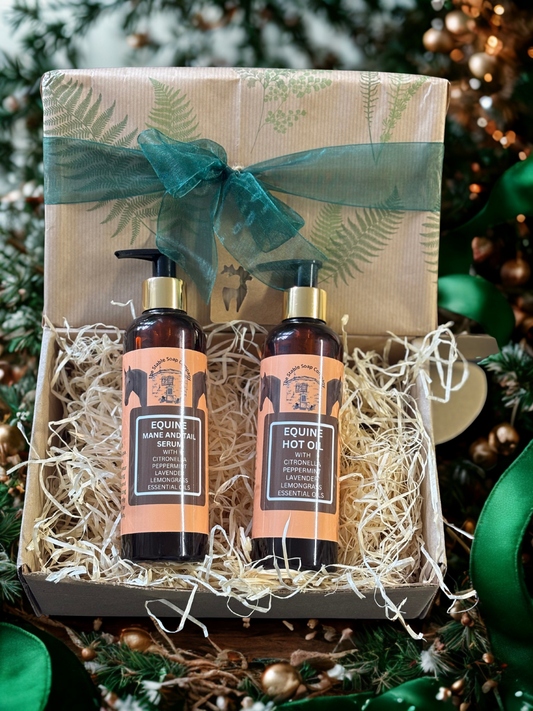 Handmade Citronella, Peppermint, Lavender & Lemongrass Equine Mane & Tail Serum and Equine Hot Oil Christmas Gift Box