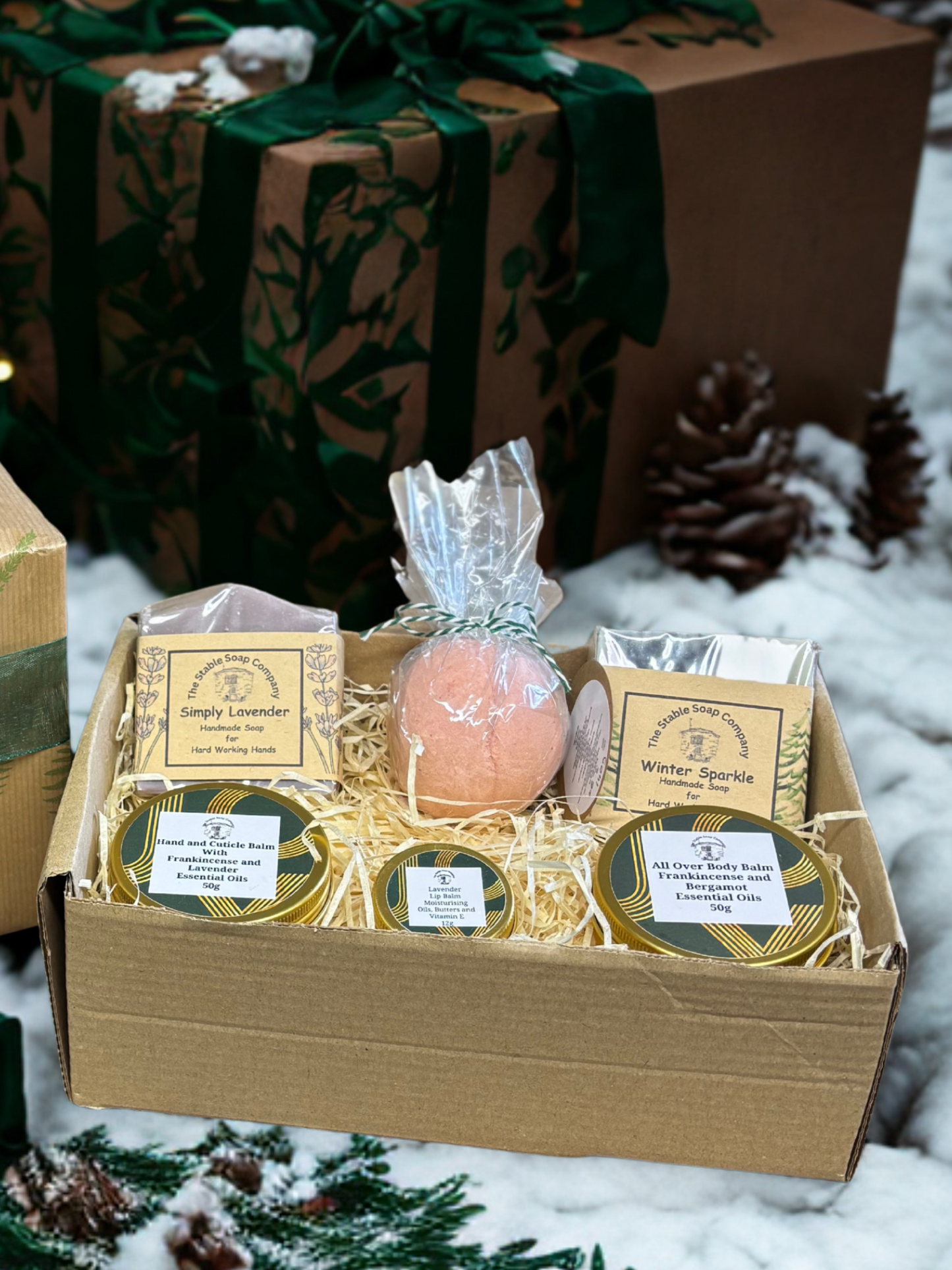 Handmade Soap, Bath Bomb, Hand and Cuticle Balm, Lip and Body Balm Christmas Gift Box