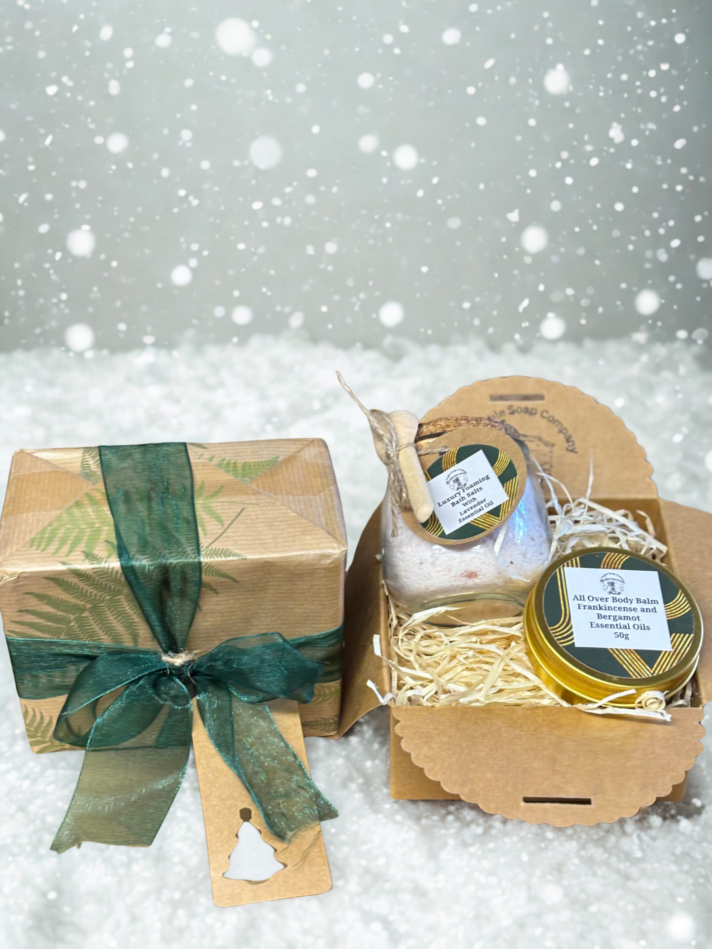 Handmade Lavender Bath Salts and Frankincense and Bergamot Body Balm Christmas Gift Box