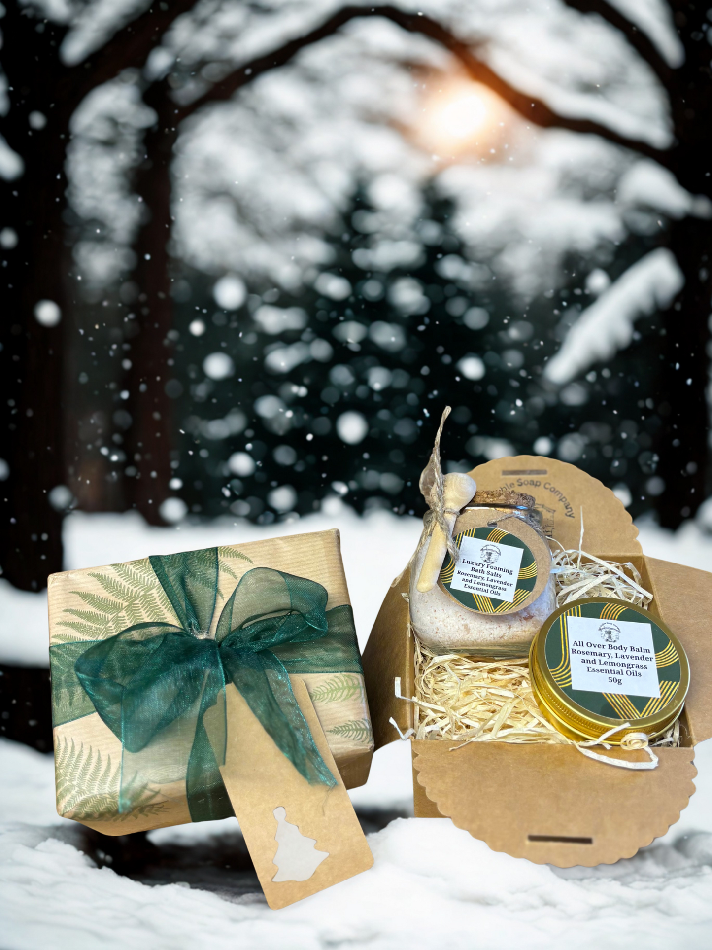 Handmade Rosemary, Lavender and Lemongrass Bath Salts and Body Balm Christmas Gift Box